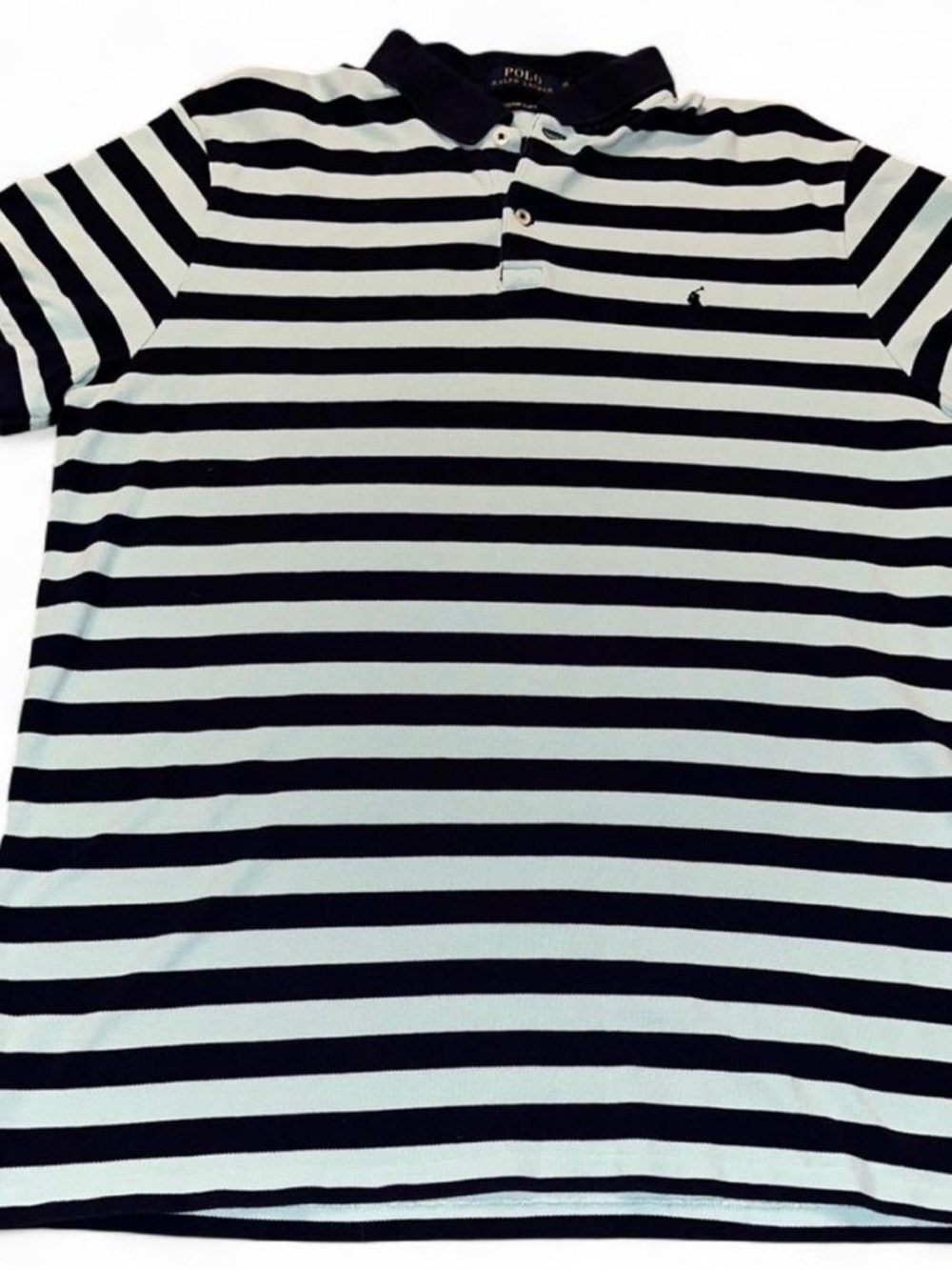 Vintage Ralph Lauren Cotton Striped Polo Shirt Light Blue/Navy Mens XL